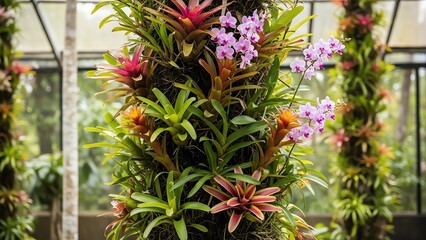 Bromeliads and orchids on a vertical garden display