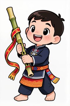 Cute chibi boy T&acirc;y Bắc playing kh&egrave;n M&ocirc;ng decorated with Tết ribbons, joyful expression, glossy photostock figurine on white.