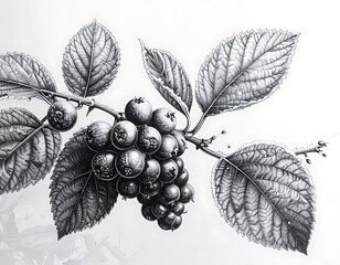 Detailed graphite drawing of a berry cluster on a thorny branch, surrounded by textured leaves