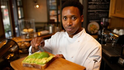 Chef in white uniform preparing avocado toast with focused expressive gaze