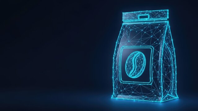 Digital coffee bag with bean icon in neon blue wireframe style on dark background