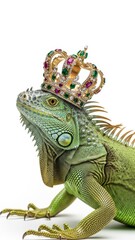 Fototapeta premium iguana wearing a gold ornate crown, queen or king crown, on a white background, animal photo
