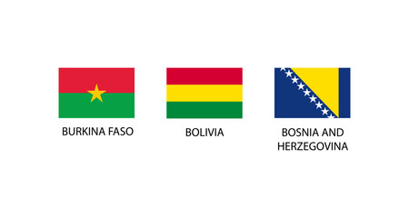 Flags of Burkina Faso, Bolivia, and Bosnia and Herzegovina on white background