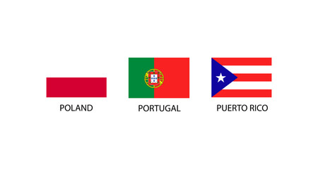 Flags of Poland, Portugal, and Puerto Rico displayed on a white background