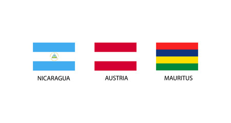 Flags of Nicaragua, Austria, and Mauritius displayed on a white background