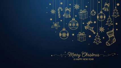 Elegant gold Christmas ornaments and gifts hanging against a deep blue background with festive holiday wishes