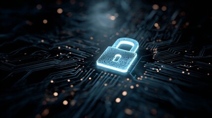 Glowing padlock, circuit board, blue, security, technology – a glowing padlock over a dark circuit board with blue hues, soft lighting and futuristic security technology atmosphere