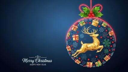 Naklejka premium Festive Christmas ornament with gold reindeer and gifts hangs against a blue background