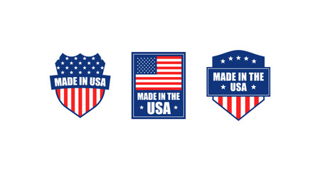 American made badges with the USA flag and patriotic design