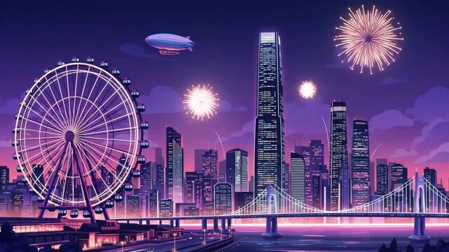 Vibrant cityscape at night with ferris wheel, skyscrapers, fireworks, and blimp over water and bridge