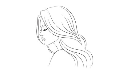 Elegant line art of a woman's profile, capturing serenity and minimalist beauty, with flowing hair.
