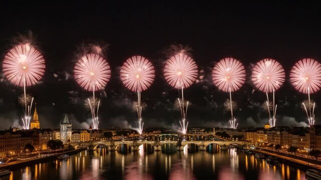 Spectacular red fireworks display over charles bridge and vltava river in prague at night