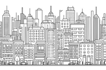 Naklejka premium Modern cityscape outline drawing featuring tall buildings and street level details with cars and pedestrians on white background.