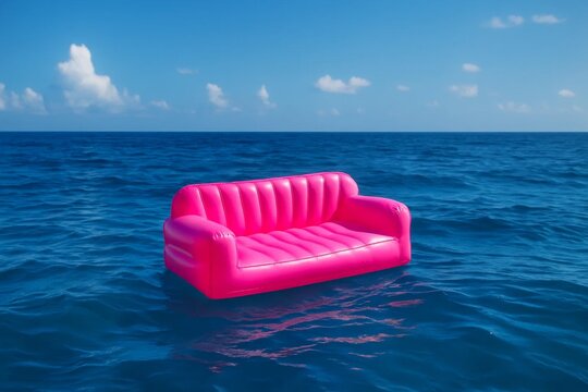 A bright pink inflatable couch floats on calm blue ocean water under a clear sky with a few clouds. The scene conveys a sense of relaxation and summer vibes.