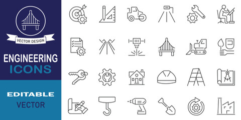 Engineering related icon set in line style. Containing construction, mechanical, gears, industrial, worker and more. Vector outline symbols. eps 10