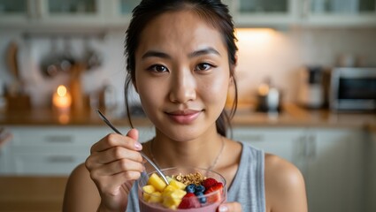 Diverse East woman with pulled-back hair preparing colorful smoothie bowl