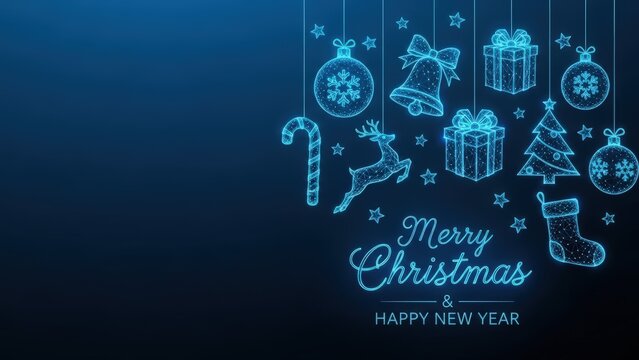 Merry Christmas and Happy New Year digital illustration with festive ornaments and glowing neon lights on a dark blue background - Powered by Adobe