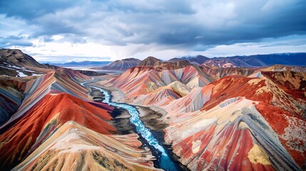 Colorful Layered Mountain Range With River Under Dramatic Sky in AI