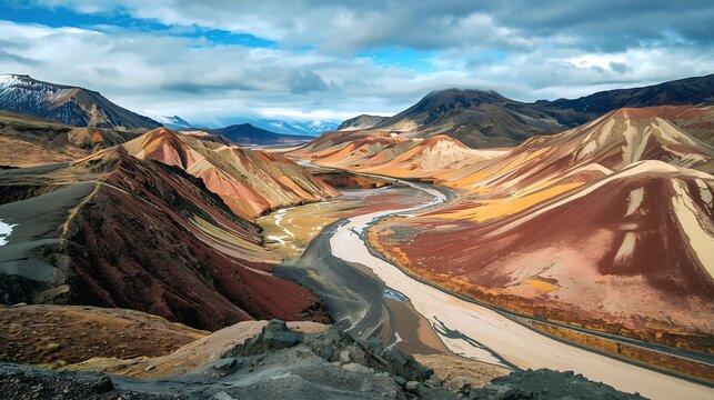 Colorful Layered Mountain Range With River Under Dramatic Sky in AI - Powered by Adobe