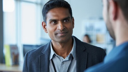 Community liaison officer consulting resident in office to coordinate local services