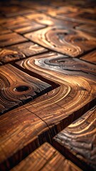 Close-up perspective of intricately patterned wooden blocks arranged in a jigsaw-like manner with a warm, textured surface