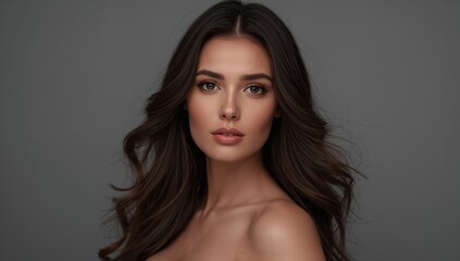 Retrato profesional de una joven modelo con cabello ondulado oscuro y mirada directa, posando con elegancia en estudio neutro.