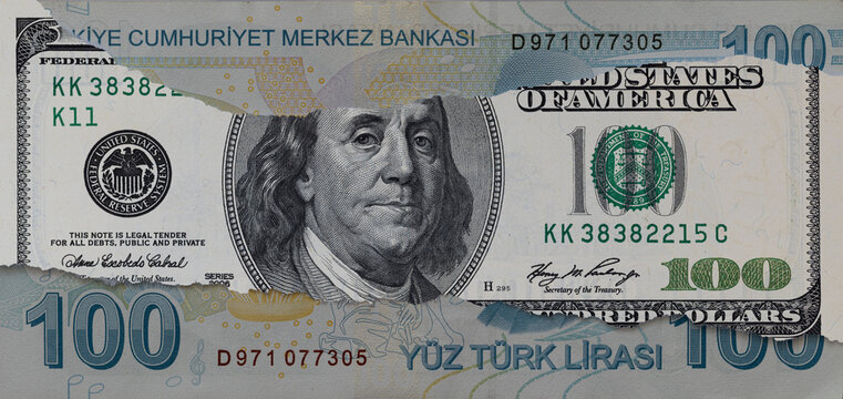 Torn Dollar Banknote Over Turkish Lira Currency