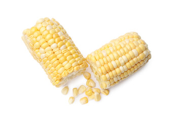 Pieces and kernels of raw corncob isolated on white, top view