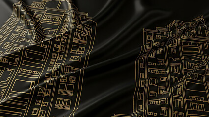 Intricate golden embroidery adorns a luxurious black silk dress showcasing detailed patterns and elegant draping in a studio setting