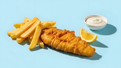 Crispy Fish and Chips with Dipping Sauce on Blue Background