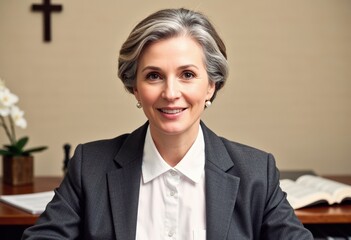 Clergy member offering pastoral counseling in a calm office with cross