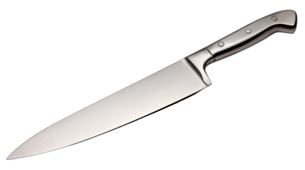 Sharp chef’s knife with wooden handle resting on rustic cutting board, ideal for professional cooking, slicing, and kitchen preparation isolated on white background