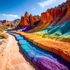 Colorful rock formations stripe across a desert landscape under a bright blue sky, creating a surreal vista