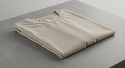 Neutral Beige T-Shirt Mockup: Folded on Grey Surface, Minimalist Studio Shot