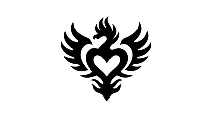 Fototapeta premium Phoenix bird silhouette with heart shape in center, black tribal style, symbolizing rebirth, love, and strength, isolated on transparency background, suitable for tattoo or logo design