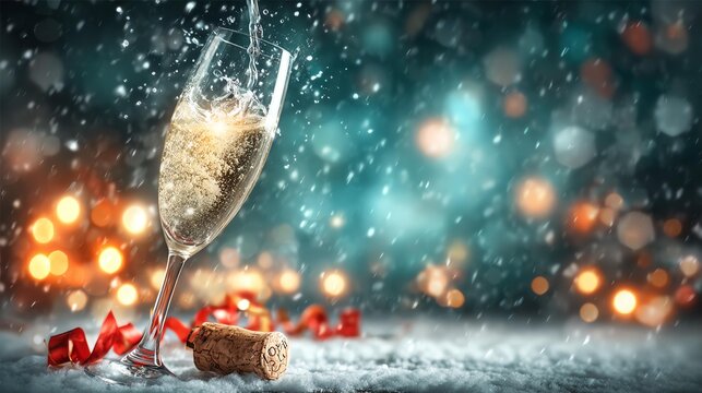 New Year&rsquo;s Eve celebration capturing festive countdown magic A champagne flute with bubbles amidst a festive backdrop of sparkling lights and snowfall.