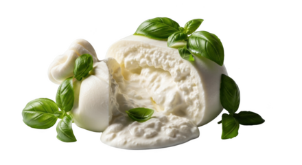 Fresh burrata cheese with basil leaves on black background