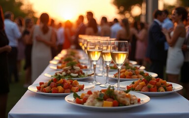 Elegant buffet table with gourmet appetizers and wine glasses at a sunset outdoor event. People socializing at a formal gathering. High quality