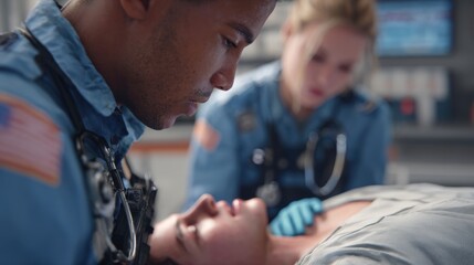 Young man in a blue uniform with an american flag on his chest, standing next to a woman in a hospital room.