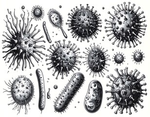 Detailed grayscale drawing of various microscopic organisms, showcasing intricate structures and textures on a white background