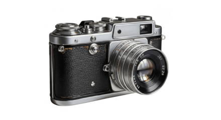 Retro silver rangefinder camera with lens attached