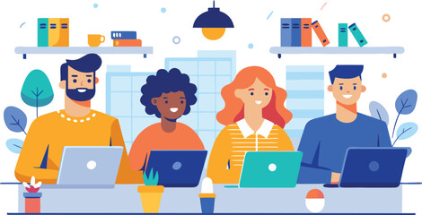 Diverse team working collaboratively on laptops in a modern office setting © HM