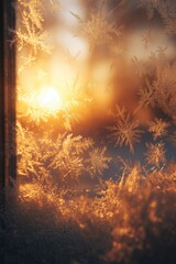 Frost patterns on glass glowing in warm winter sunrise