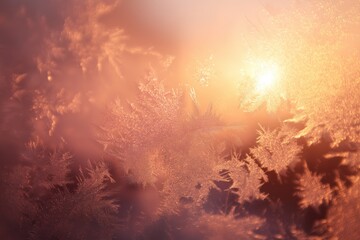 Frost patterns on glass glowing in warm winter sunrise