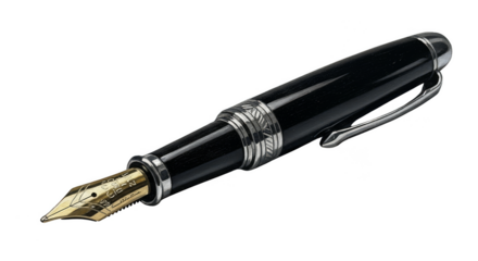 A close-up shot of a classic black fountain pen with a gold nib and silver accents, ready for writing.