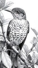 Detailed grayscale illustration of a bird perched on a leafy branch, showcasing intricate feather and foliage details