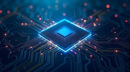 Advanced glowing microchip on digital circuit board with electric data streams, futuristic processor technology for ai computing, innovation, speed, and cybersecurity concepts