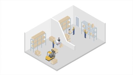 Isometric warehouse with workers, forklift and box for delivery. Concept freight transport, vehicle. - Powered by Adobe