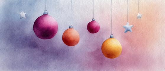 Pink bauble orange bauble red bauble yellow bauble star ornament sway softly on watercolor sky