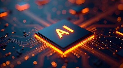Artificial intelligence processor chip glowing on futuristic circuit board with data flow, advanced AI computing technology, machine learning hardware, digital innovation concept